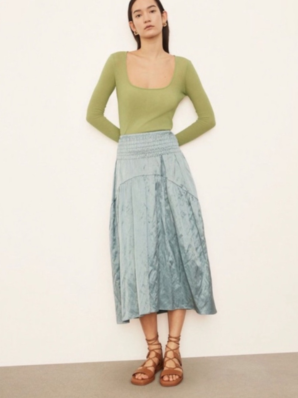 Vince Smocked Tiered Midi Skirt In Aqua Stone xs